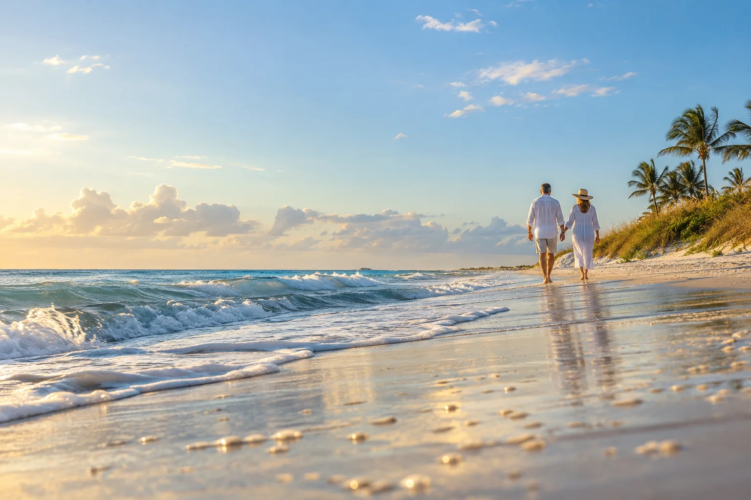 Illustrative coastal lifestyle: quiet dune-side beach walk with two distant adults in understated linen, gentle Atlantic surf in Palm Beach