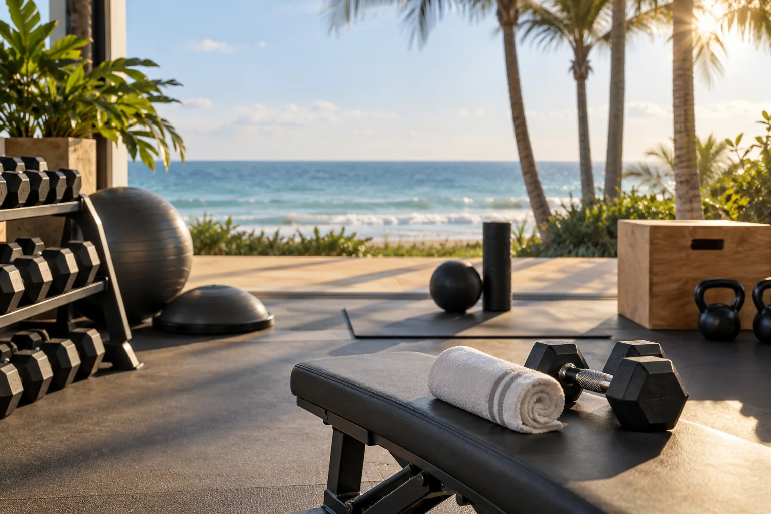 Illustrative coastal lifestyle: Illustrative gym lifestyle scene for Winthrop House