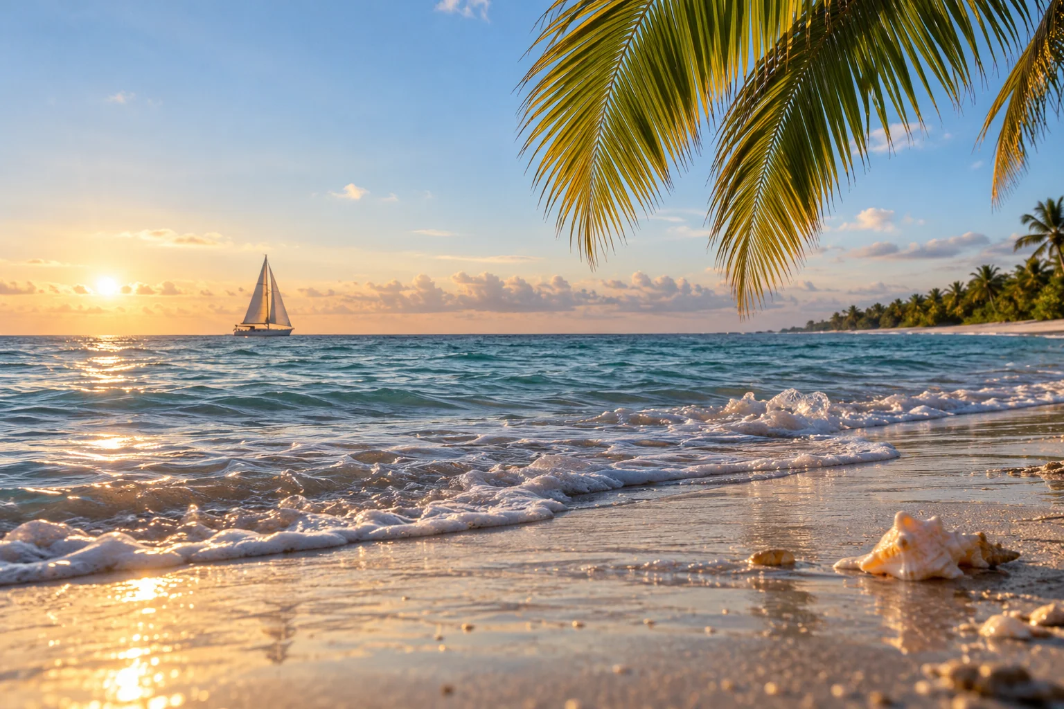 Illustrative coastal lifestyle: a graceful sailboat far offshore viewed past a palm frond and pristine sandy beach in Singer Island