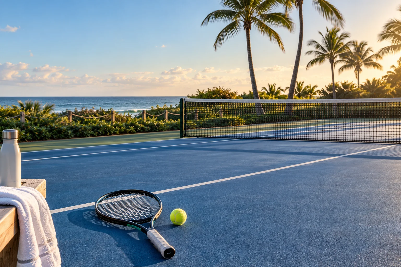 Illustrative coastal lifestyle: Illustrative tennis lifestyle scene for Corniche