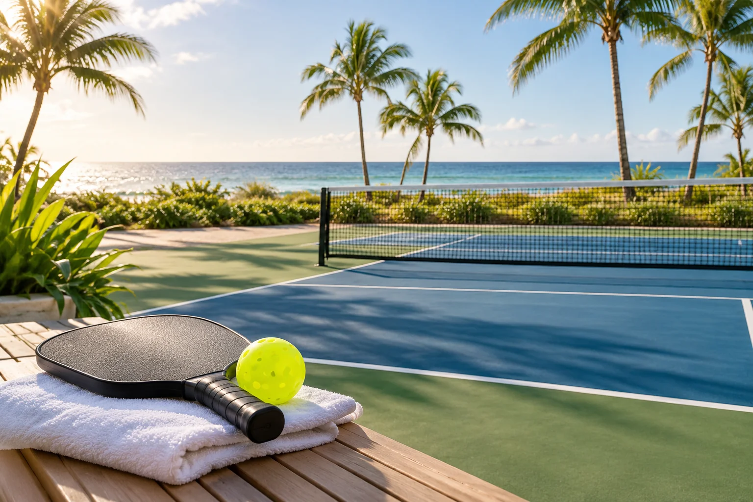 Illustrative coastal lifestyle: Illustrative pickleball lifestyle scene for Eastpointe II