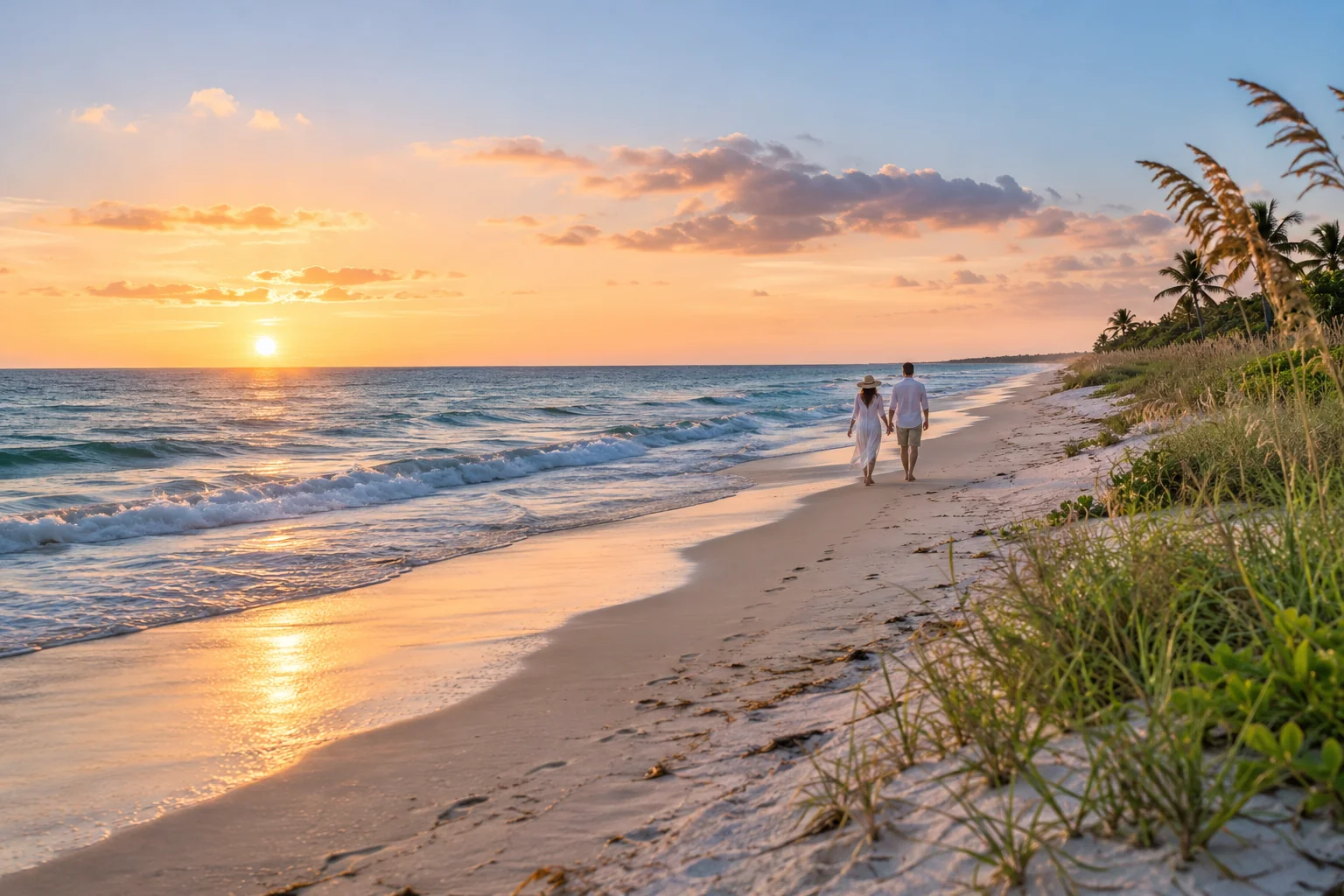 Illustrative coastal lifestyle: quiet dune-side beach walk with two distant adults in understated linen, gentle Atlantic surf in Singer Island