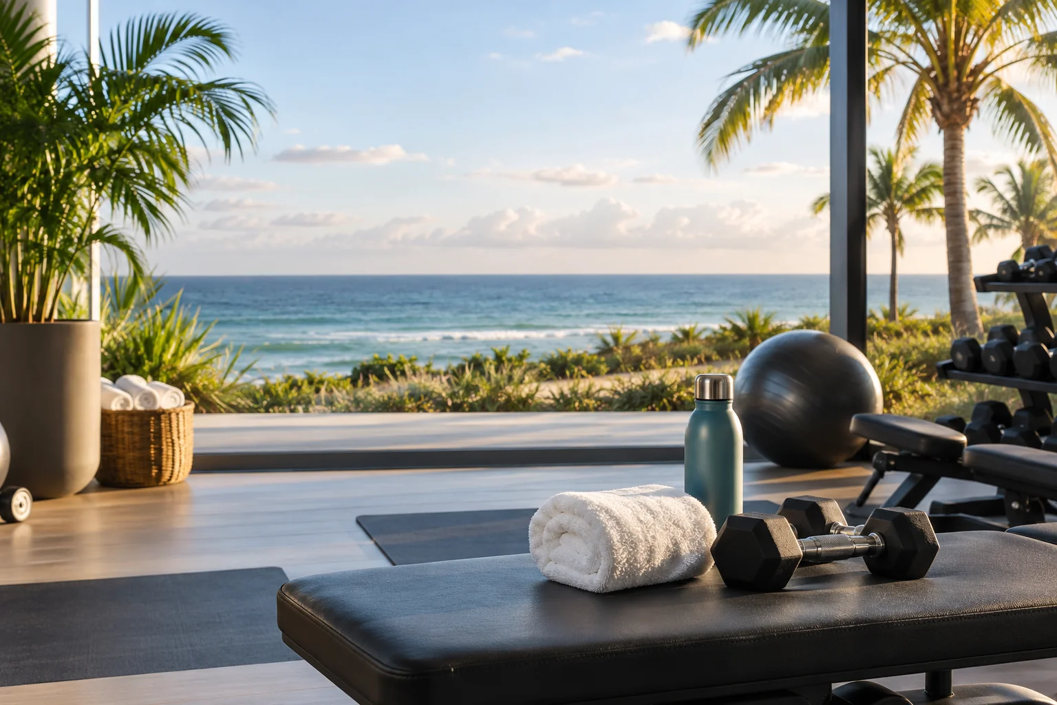 Illustrative coastal lifestyle: Illustrative gym lifestyle scene for One Singer Island
