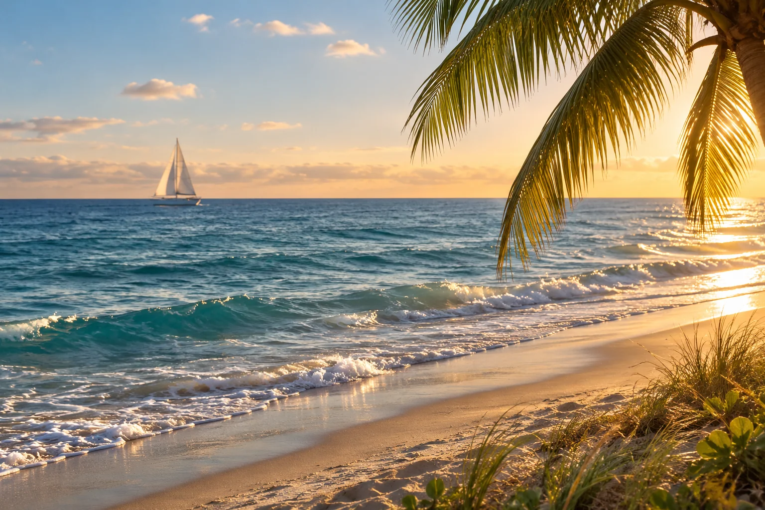 Illustrative coastal lifestyle: a graceful sailboat far offshore viewed past a palm frond and pristine sandy beach in Singer Island