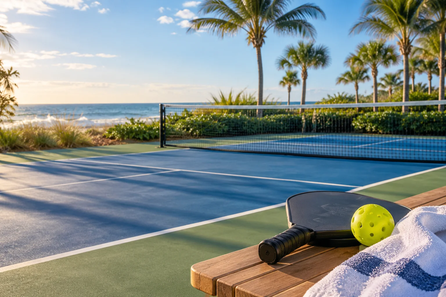 Illustrative coastal lifestyle: Illustrative pickleball lifestyle scene for Water Glades
