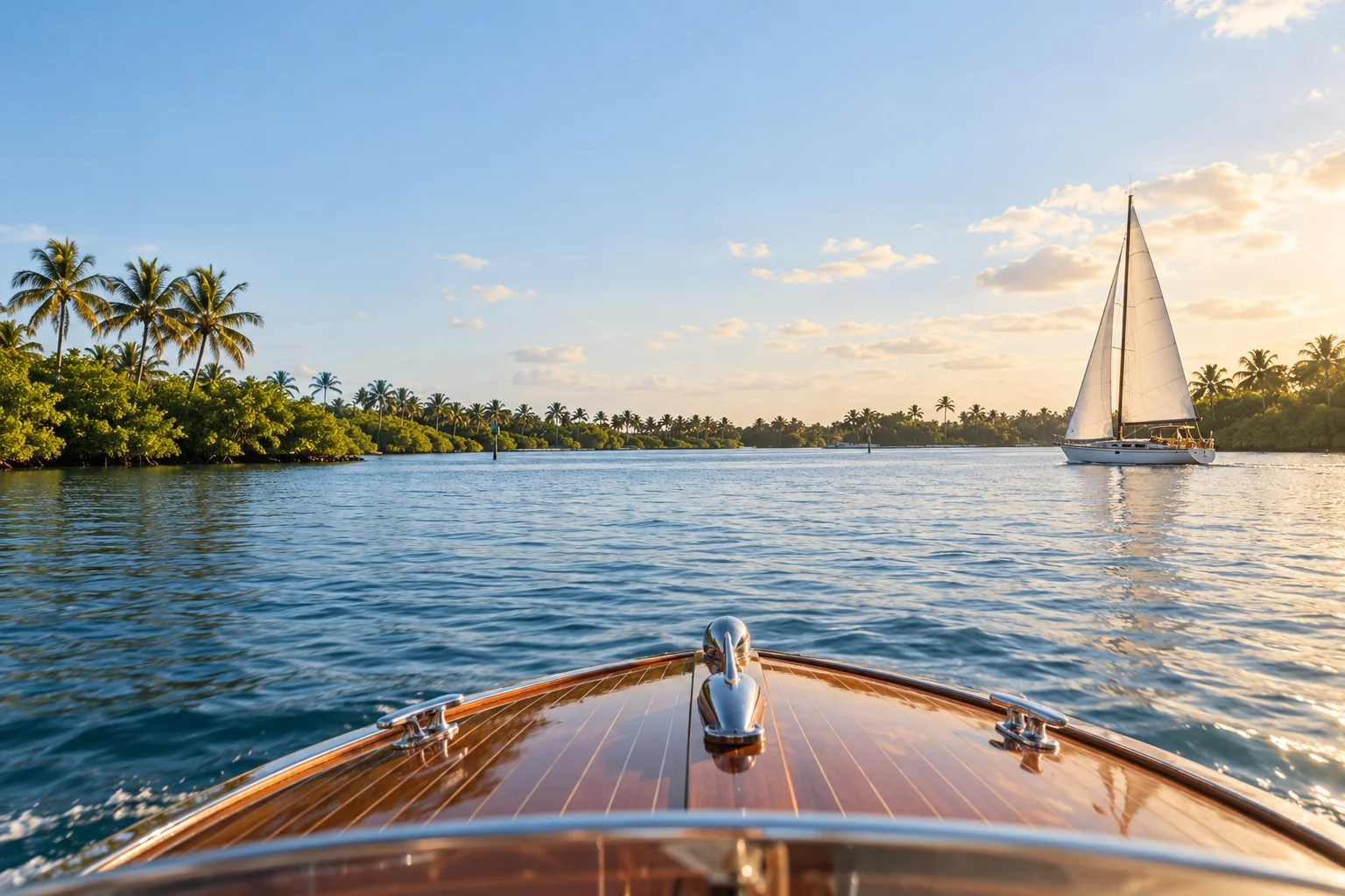 Illustrative coastal lifestyle: View from a classic teak runabout on calm Intracoastal water, distant palms and a sailboat in warm morning light
