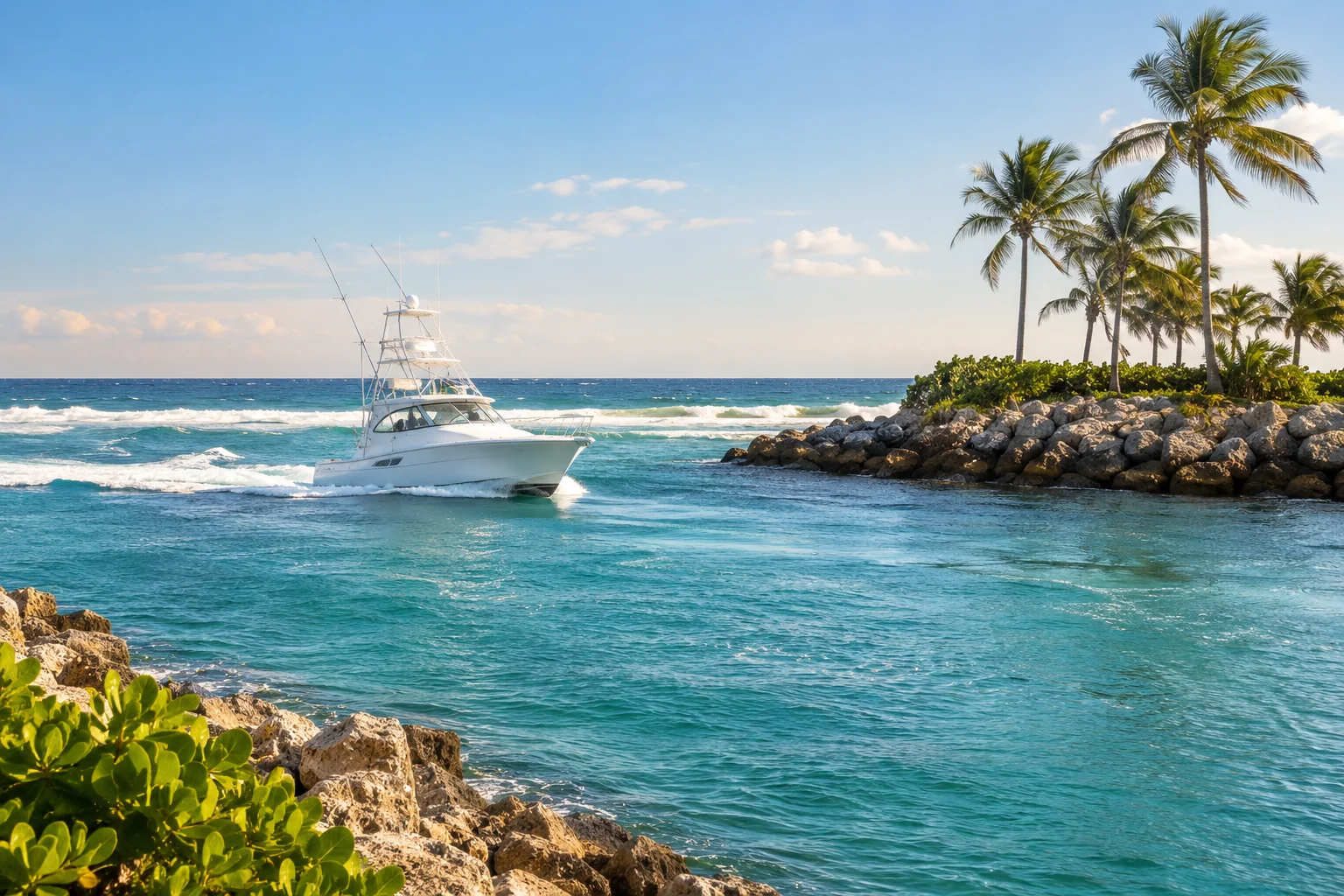 Illustrative coastal lifestyle: Boca Raton ocean inlet lifestyle: graceful white sport boat crossing turquoise inlet water with foamy ocean beyond, palms and natural shore only