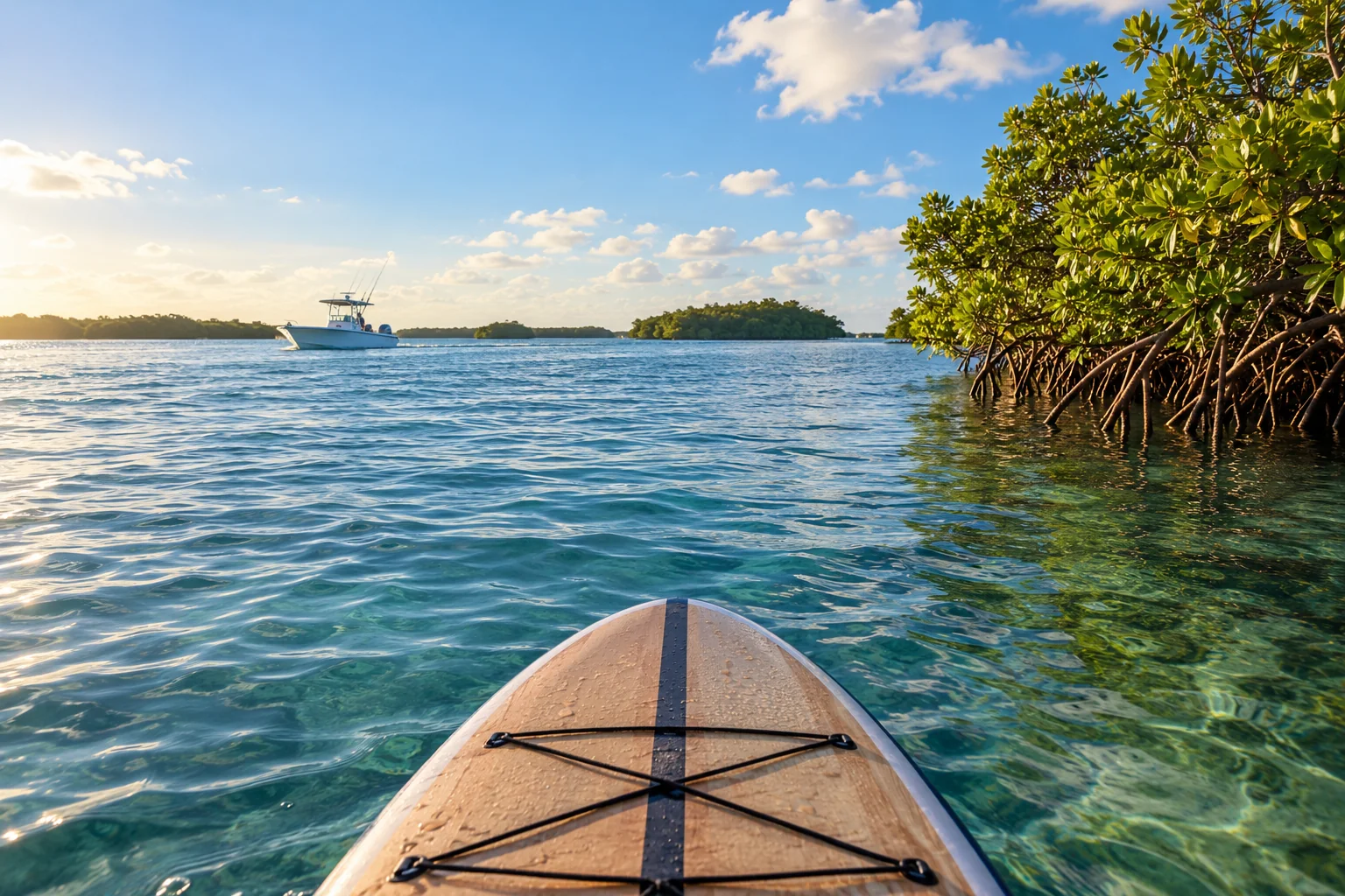 Illustrative coastal lifestyle: Jupiter wide-water lifestyle: low viewpoint from a paddleboard over clear broad blue-green water beside natural mangrove islands, a distant center-console boat