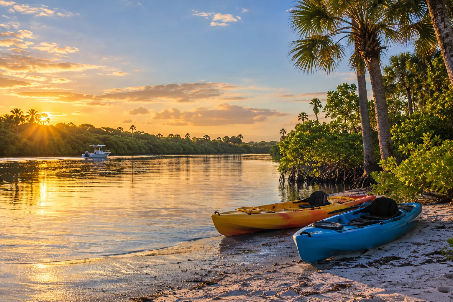 Illustrative coastal lifestyle: Loxahatchee River in Palm Beach County: tranquil river bend, lush native mangrove shore and cabbage palms, a pair of colorful kayaks resting on sandy natural bank, golden reflections
