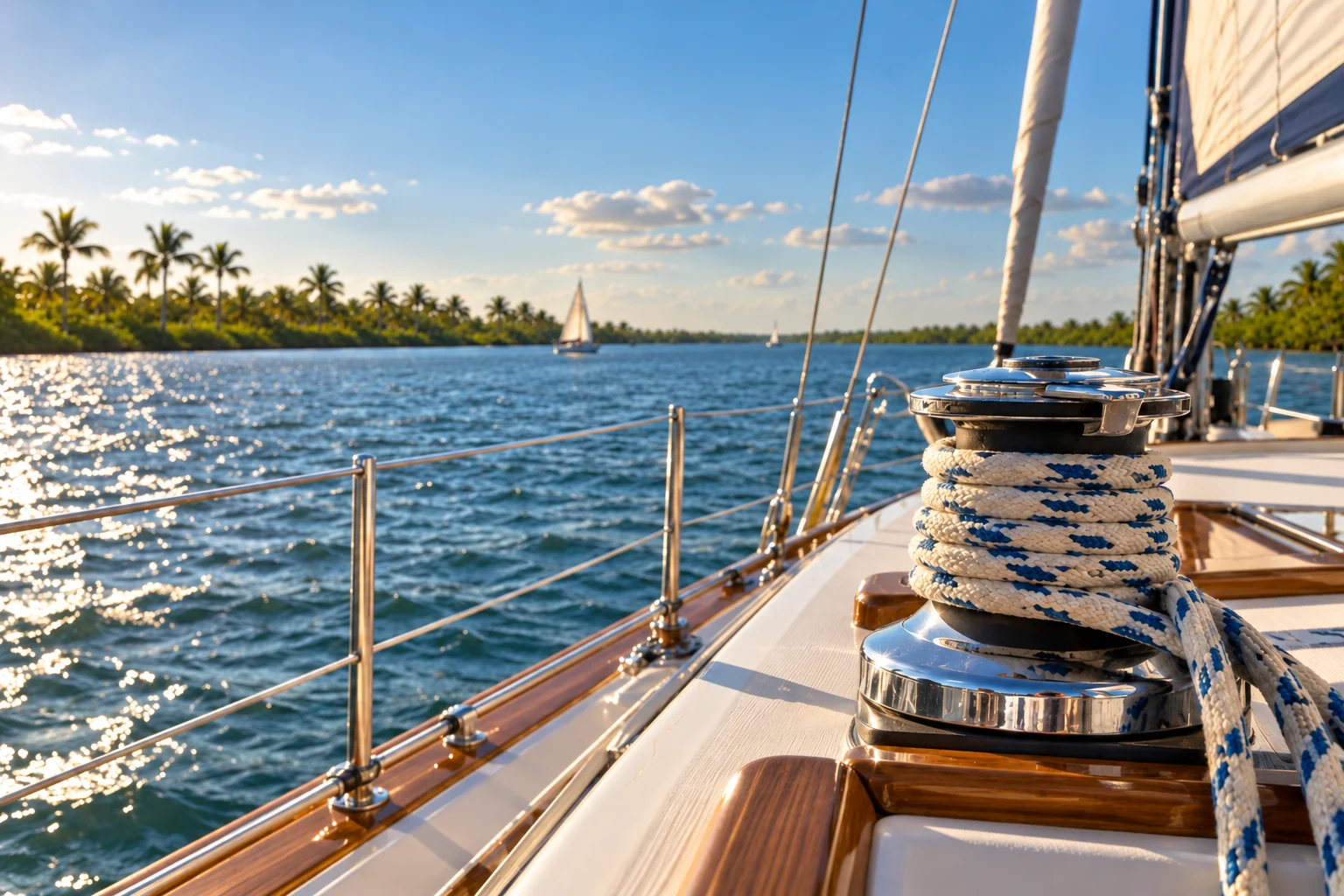 Illustrative coastal lifestyle: North Palm Beach broad Intracoastal: close detail of gleaming sailboat deck, neatly coiled nautical rope, distant palms and inviting blue water in a gentle afternoon breeze