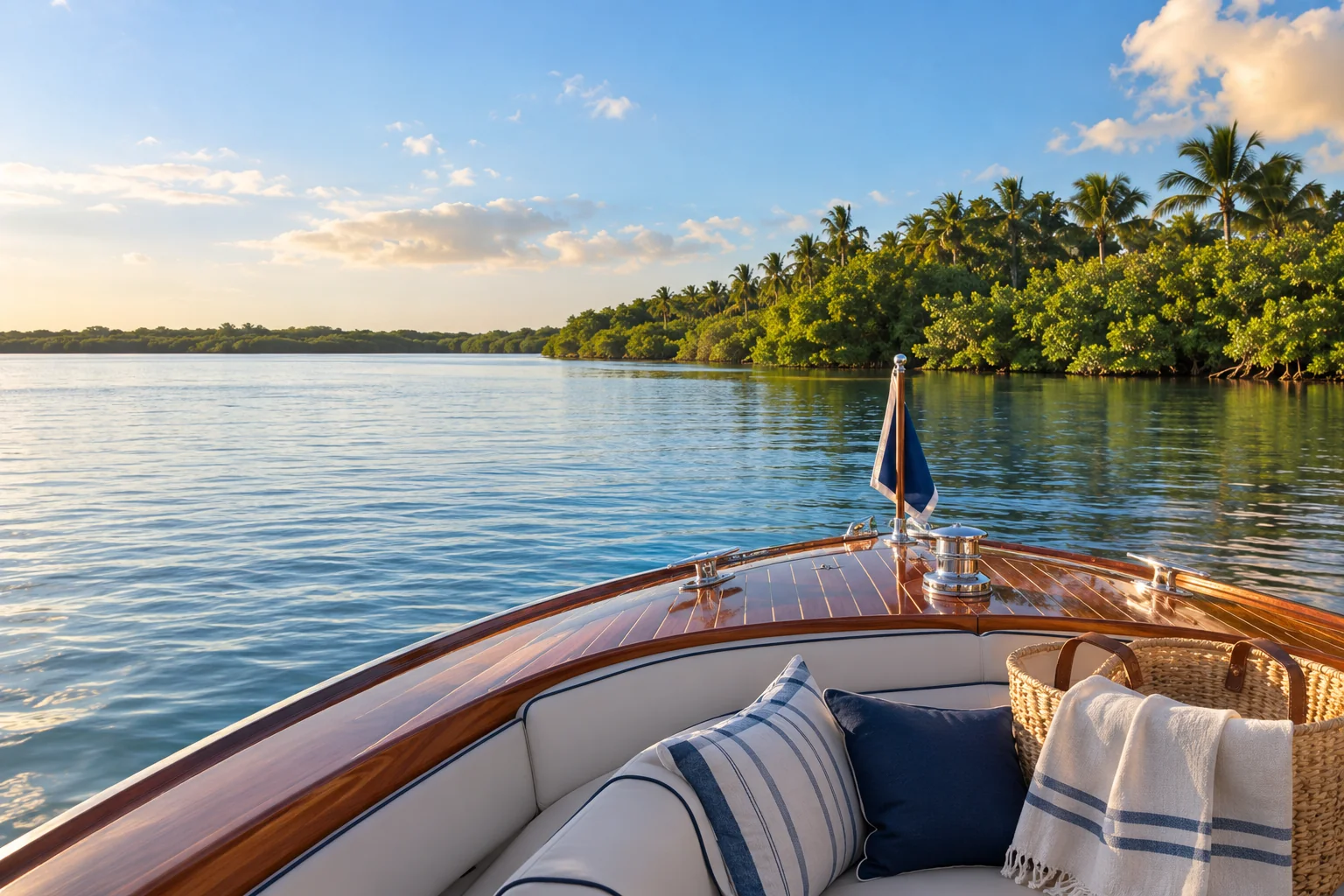 Illustrative coastal lifestyle: Palm Beach Gardens Intracoastal lifestyle: polished wooden boat bow facing calm blue water and verdant mangroves, elegant picnic linen tucked into bow seating