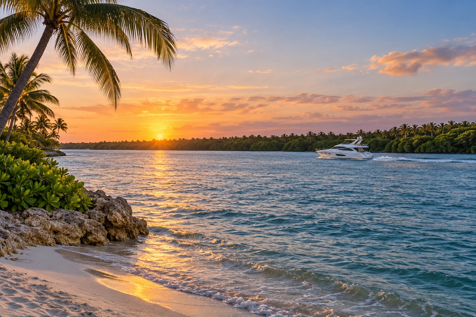 Illustrative coastal lifestyle: Palm Beach–Manalapan–Lantana Intracoastal: elegant white motor yacht at distance on broad azure water, soft pastel sunset, palm-fringed natural shoreline