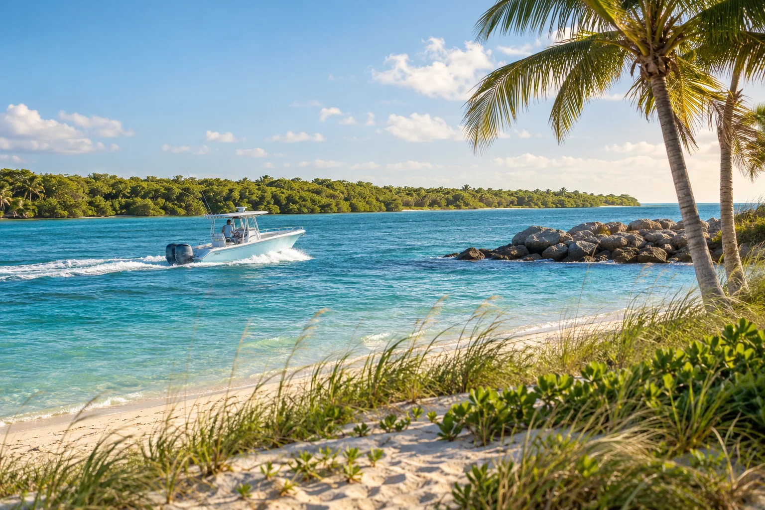Illustrative coastal lifestyle: Singer Island–Palm Beach Shores: ocean inlet adventure, center-console boat viewed from shore across luminous turquoise water, natural beach and dunes, bright tropical light