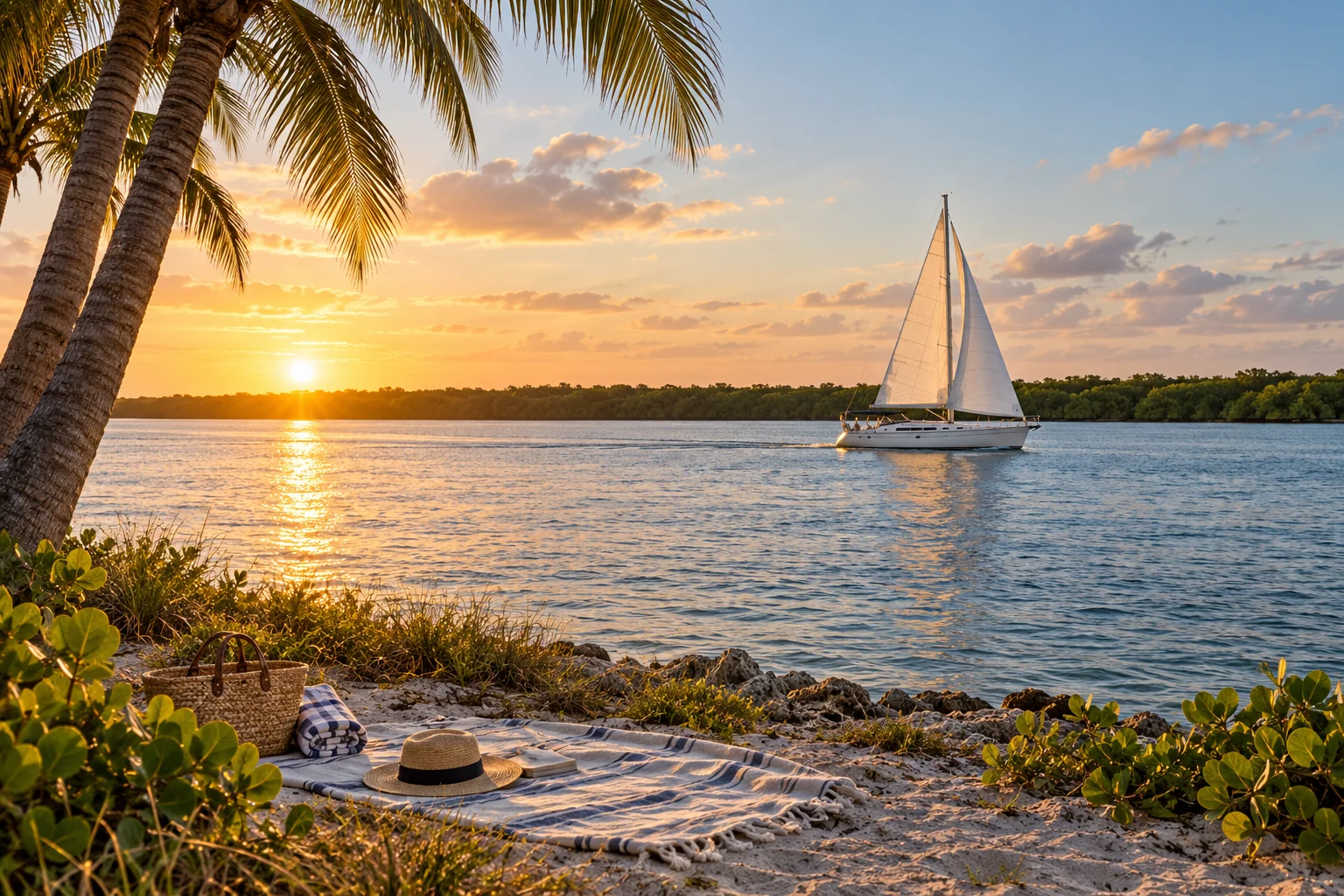 Illustrative coastal lifestyle: West Palm Beach waterfront: sailboat on the broad Intracoastal at sunrise, foreground palms and simple picnic blanket on natural shoreline, open water without skyline