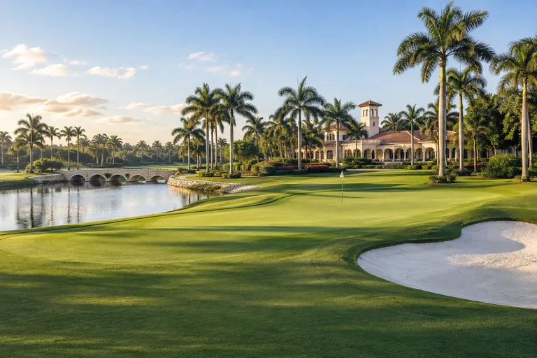 Golf course with water, palms and a Mediterranean clubhouse