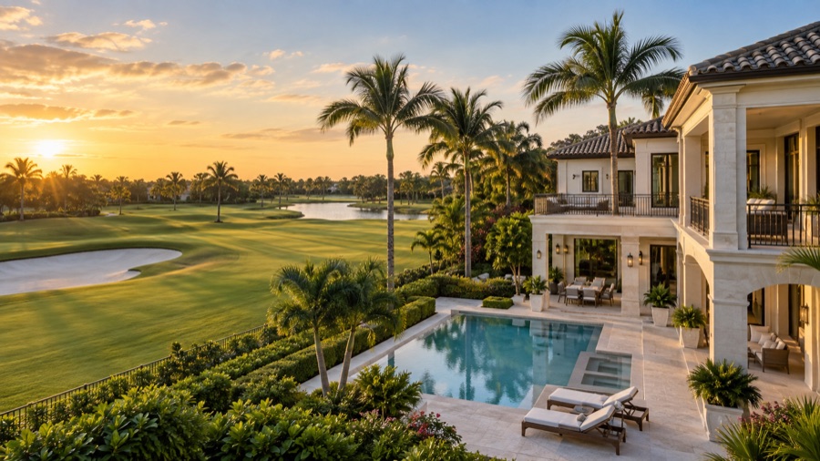 Illustrative luxury estate and pool terrace overlooking a palm-lined golf course at sunset