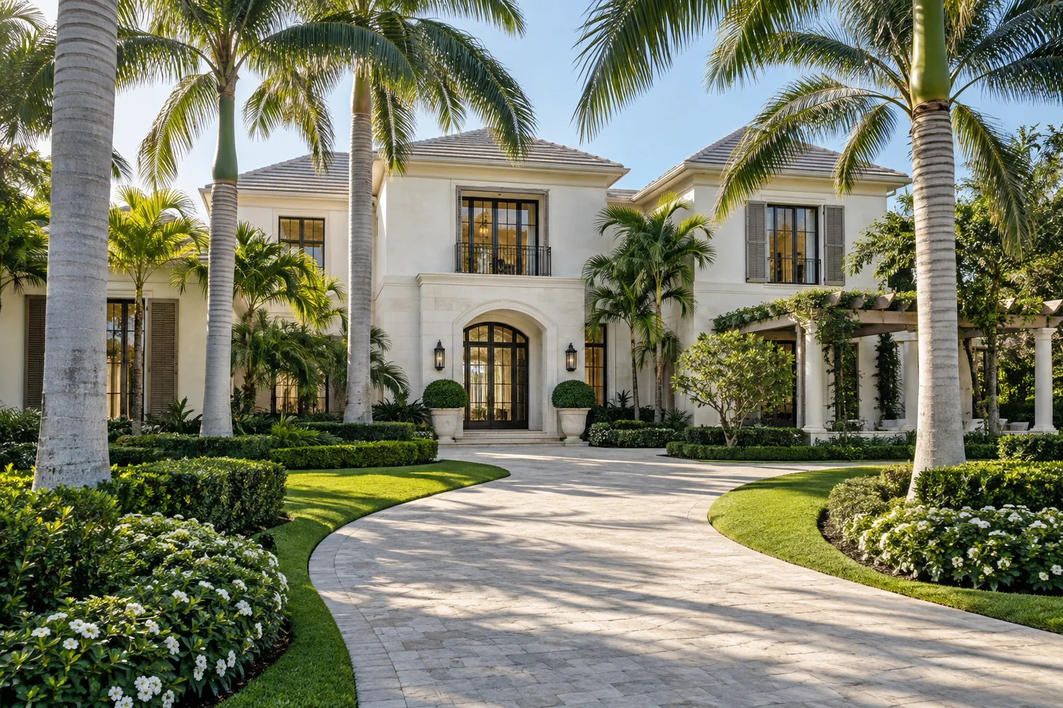 Illustrative exceptional single-family residence framed by palms and tailored landscaping