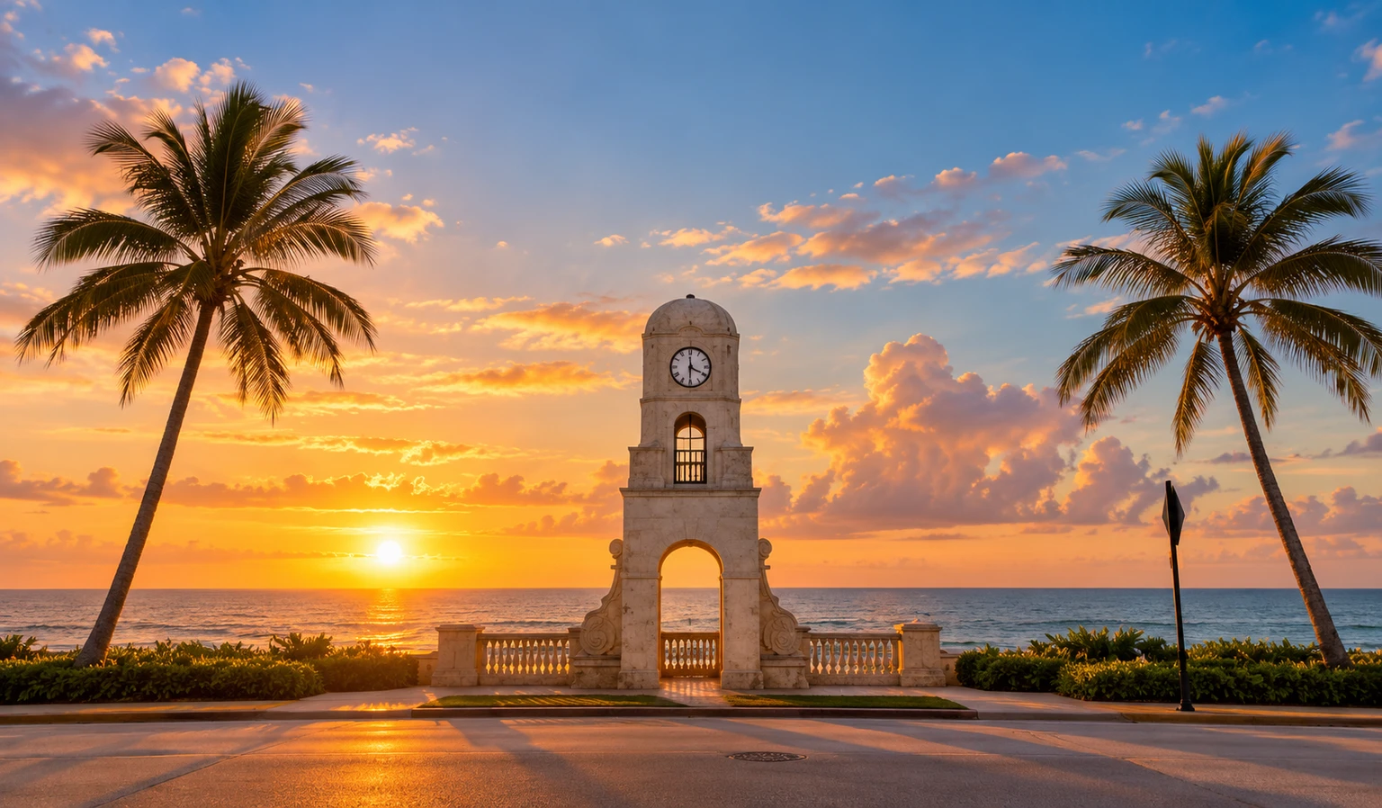 Illustrative sunrise concept of the Worth Avenue Clock Tower beside the Atlantic Ocean