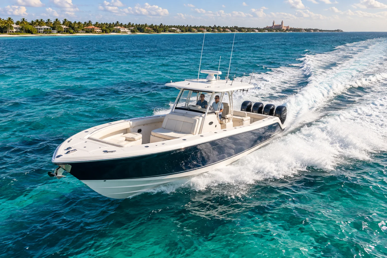 Illustrative luxury center-console boat underway in turquoise Palm Beach waters