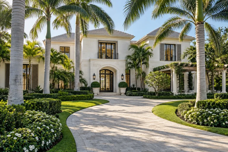 Palm-lined driveway and landscaped gardens in front of a luxury home
