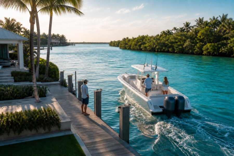 Boaters leaving a private Jupiter waterfront dock for a morning on the water