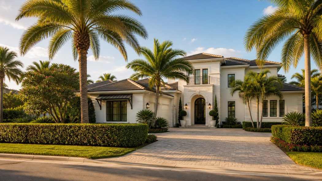Elegant Palm Beach County luxury home with tropical landscaping