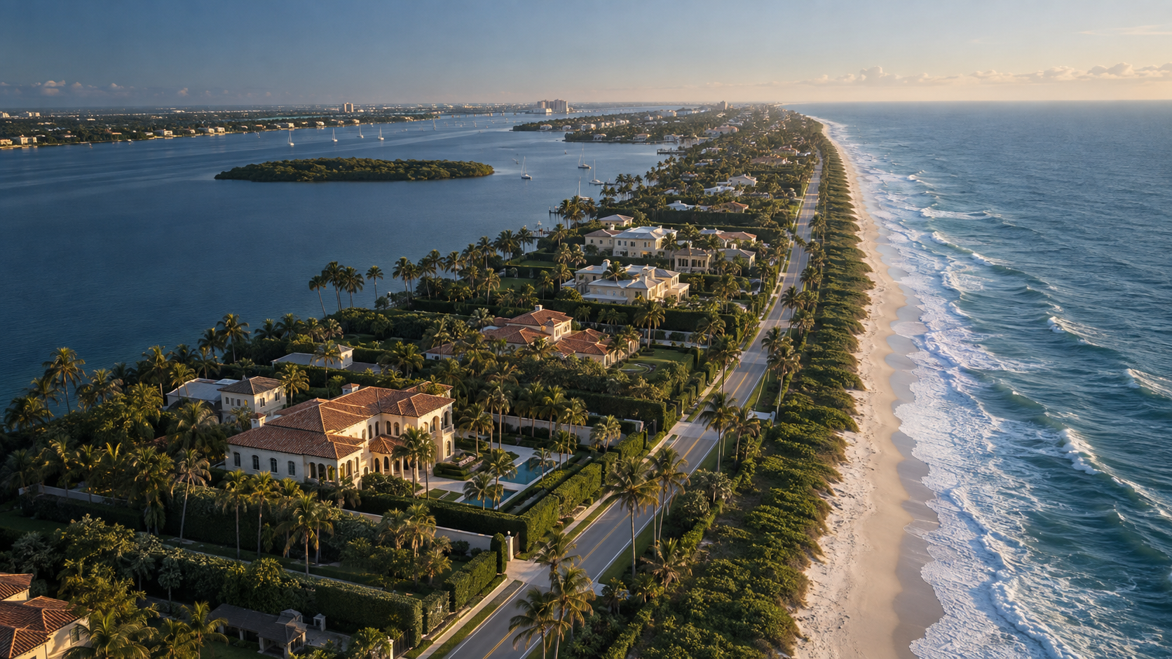 Aerial view of Palm Beach between the Atlantic Ocean and Intracoastal Waterway